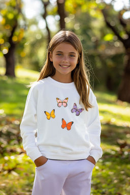 Ekru*003 K?z Cocuk Mevsimlik-Ince Kelebek Desenli Bisiklet Yaka Orme Sweatshirt TKDAW25SW00001