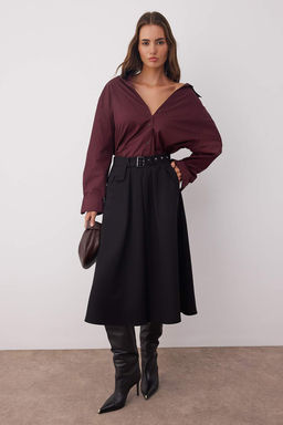 Siyah Kemerli Dokuma Klos Midi Etek TWOAW26ET00034