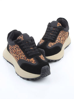 04-PCML24-1 BLACK/LEOPARD Кроссовки демисезонные женские (натуральная замша, натуральная кожа, байка)