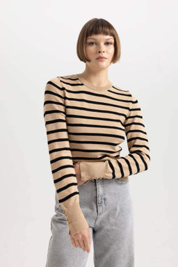 Regular Fit Yumusak Dokulu Bisiklet Yaka Cizgili Triko Kazak - Defacto фото 2