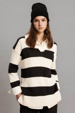 Regular Fit Polo Yaka Cizgili Triko Kazak Tunik