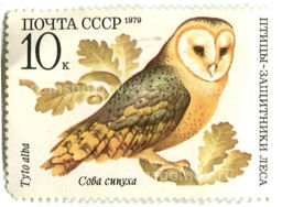 Марка Птицы  защитники леса  Сова сипуха 1979 год