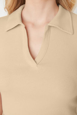 Trendyolmilla Siyah Fitted/Vucuda Oturan Crop Polo Yaka Fitilli Esnek Orme Bluz TWOSS21BZ0038  фото 35