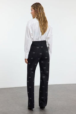 Siyah Fiyonk/Kurdele Detayl? Tasl? Yuksek Bel Wide Leg Jeans TWOAW25JE00325 - Trendyolmilla фото 5