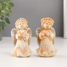 Фигурка полистоун Ангел в цветочном платье и венке с серебристыми крыльями, 8.5 см, МИКС