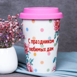 Стакан 440 мл керамика с силиконовой крышкой 8 марта ПРОМО АКЦИЯ / A932 /уп 72/ - ГалеонТрейд фото 6