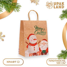 Цена за 6 шт. Пакет бумажный подарочный новогодний крафт Снеговик, 27?21?11 см