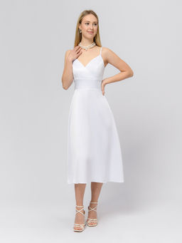 Платье белого цвета длины миди на бретелях с глубоким вырезом - 1001dress фото 3