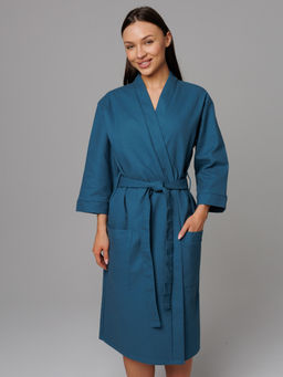 Женский укороченный вафельный халат с планкой темно-бирюзовый В-11 (23)