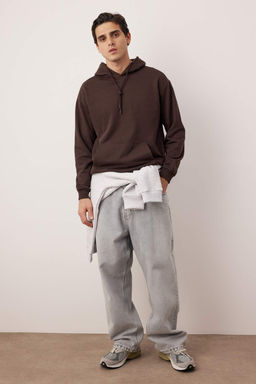 Koyu Kahverengi Oversize/Genis Kesim Kapusonlu Ici Polar/S?cak Tutan Sweatshirt TMNAW23SW00195