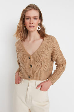 Camel Yumusak Dokulu Crop Dugme Detayl? Triko H?rka TWOAW21HI0017