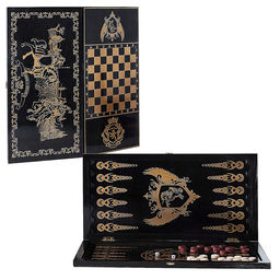 Игра 2в1 большая черная, рисунок золото (нарды, шашки) "Рыцари" (600*300*40)