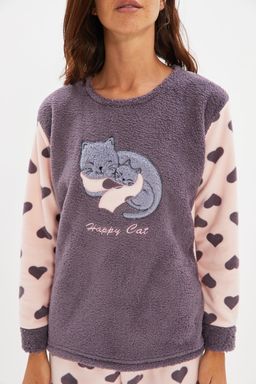 Trendyolmilla Bordo Kalpli Kedi Nak?sl? Uyku Bantl? Polar K?sl?k Orme Pijama Tak?m? THMAW21PT0669  фото 6