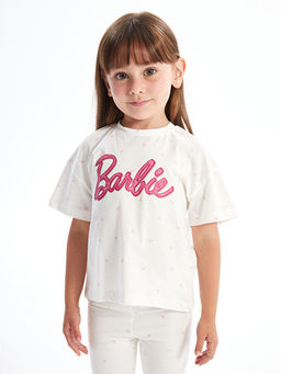 Bisiklet Yaka Barbie Bask?l? K?sa Kollu K?z Bebek Ti??rt