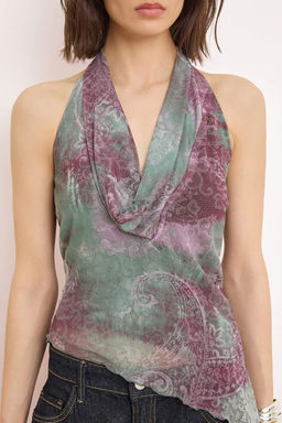 Cok Renkli Degaje Yaka Asimetrik Kesim Tul Party Bluz TPRSS26BZ00029 - Trendyolmilla фото 3