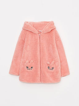 Kap??onlu Nak??l? Uzun Kollu Pel?? K?z ?ocuk Fermuarl? Sweatshirt