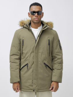 Парка мужская зимняя удлиненная с мехом бежевого цвета 606_1B