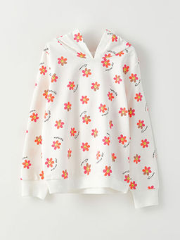 Kap??onlu Bask?l? Uzun Kollu K?z ?ocuk Sweatshirt