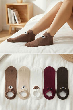 Kahverengi-Cok Renkli 5li Paket Pamuklu Bask?l? Orme Patik Corap THMAW22CO0231