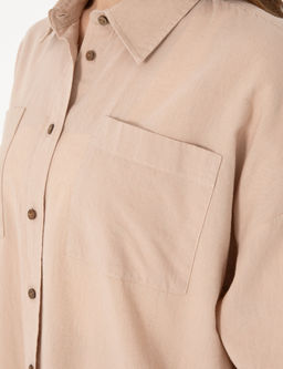 Bej Oversize Keten Kar___ml_ Uzun Kollu G_mlek