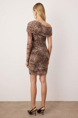 Koyu Kahverengi Kay?k Yaka Leopar Desenli Tul Astarl? Orme Elbise TPRAW26EL00066