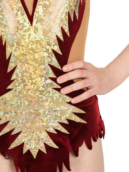 8842 Купальник для выступлений из бархата с юбочкой и аппликацией из голограммы