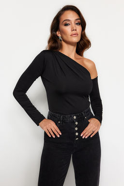 Siyah Asimetrik Yaka Uzun Kollu Esnek Alttan C?tc?tl? Orme Body TWOAW22BD0080