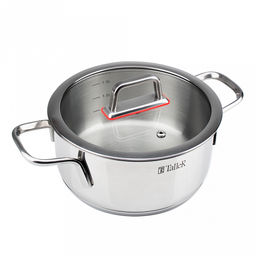 Кастрюля из нержавеющей стали "Tendency" 2л, д18см, h8,8см, s0,6мм, дно s2,8мм, плоская стеклянная жаропрочная крышка, пароотвод, стальной обод, капсулированное дно, прутковые ручки из нержавеющей стали на точечной сварке, полировка снаружи - зеркаль