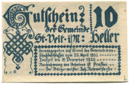10 геллеров 1920 года Австрия Санкт-Файт-им-Мюлькрайс (нотгельд)