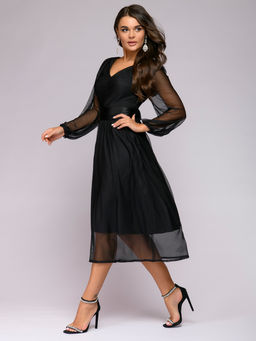 Платье черное длины миди с V-образным вырезом и верхом из фатина - 1001dress фото 3