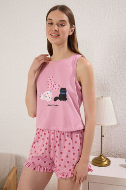 Trendyolmilla Pembe %100 Pamuklu Kedili Puantiyeli F?rf?r Detayl? Sortlu Orme Pijama Tak?m? THMSS25PT00118  фото 3