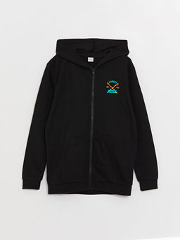 Kap??onlu Bask?l? Uzun Kollu Erkek ?ocuk Fermuarl? Sweatshirt