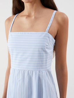 Kare Yaka ?izgili Poplin Elbise