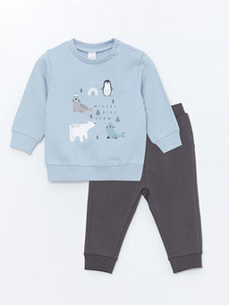 Bisiklet Yaka Bask?l? Erkek Bebek Sweatshirt ve E?ofman Alt 2li Tak?m