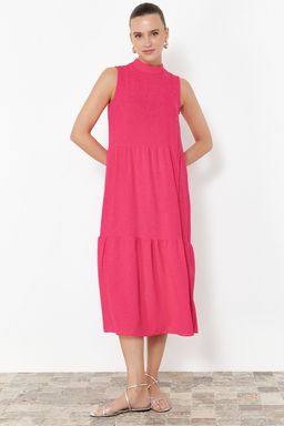 Fusya Bordo Duz Kesim Dik Yaka Midi Aerobin Dokuma Elbise TWOSS20EL1864