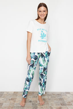 Trendyolmilla Beyaz-Cok Renkli %100 Pamuklu Cicekli Orme Pijama Tak?m? THMSS24PT00322
