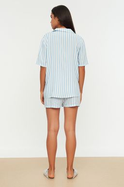 Trendyolmilla Pembe Cizgili Viskon Ustu Genis Kal?p Sortlu Dokuma Pijama Tak?m? THMSS21PT0179  фото 11