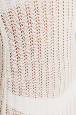 Ekru Orme S?rt Dekolteli Plaj Midi Elbise TBESS22EL2920