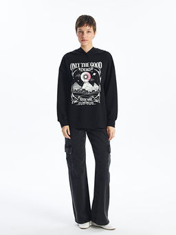 Bask?l? Uzun Kollu Oversize Kad?n Kal?n Hoodie