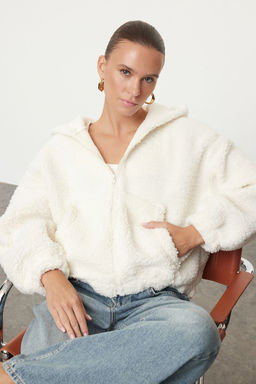 TRENDYOLMILLA Koyu Bej Pelus Regular/Normal Kal?p Kapusonlu Fermuarl? Kal?n Orme Sweatshirt TWOAW25SW00238 фото 2