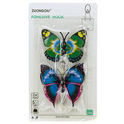 Крючок на липучке Бабочка металлический с пластмассовым основанием, 2 штуки, 6,5х7х1,8см, цвета микс, в блистере (Китай)