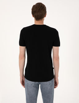 Siyah Slim Fit Keten Kar___ml_ Bisiklet Yaka Triko Ti__rt