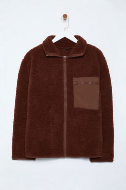 Winter Essentials Kahverengi Kal?n Polar Fermuarl? Dik Yaka Cepli Orme Sweatshirt TWOAW24SW00071