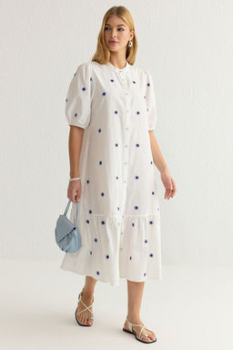 TRENDYOLMILLA Ekru Cicek Nak?sl? Midi Dokuma Gomlek Elbise TWOSS25EL00039