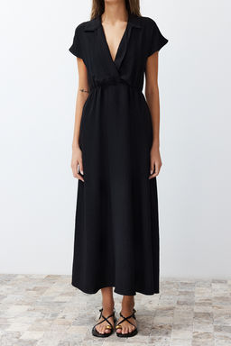 Siyah A Kesim Kruvaze Yaka Aerobin Midi Dokuma Elbise TWOSS24EL00599