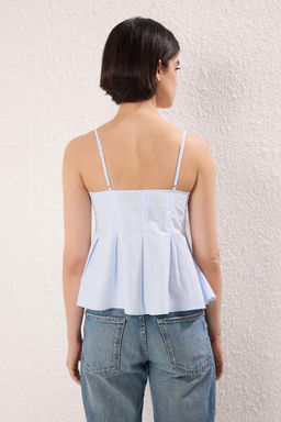 Trendyolmilla Ac?k Mavi Cizgili Peplum Ask?l? Fitted Dokuma Bluz TWOSS25BZ00552