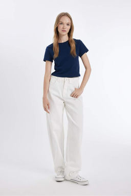 Классная базовая футболка в рубчик с круглым вырезом и короткими рукавами - Defacto фото 3