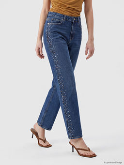 Straight Fit Ta?l? Kad?n Jean Pantolon