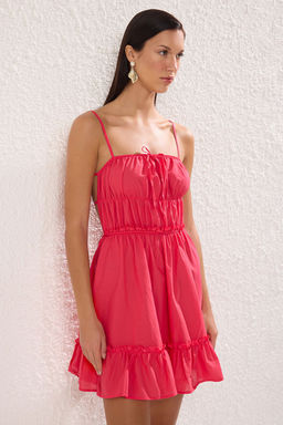 Pembe Dokuma Volanl? %100 Pamuk Plaj Mini Elbise TBESS25EL00120 - Trendyolmilla фото 3