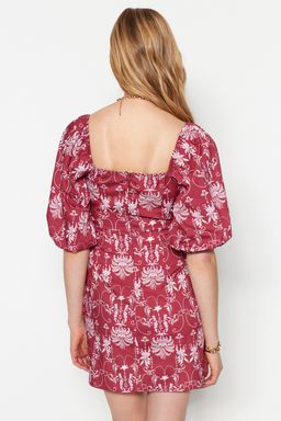 Bordo Duz Kesim Mini Pamuklu Kalp Yaka Desenli Dokuma Elbise TWOSS23EL00284 - Trendyolmilla фото 7